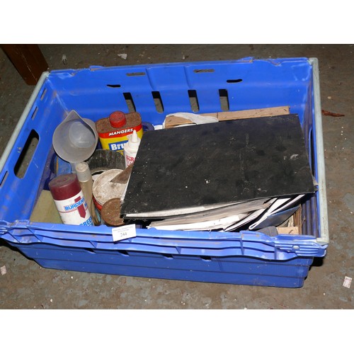 244 - BLUE CRATE WITH CONTENTS OF TOOLS AND CAR MAINTENANCE ITEMS