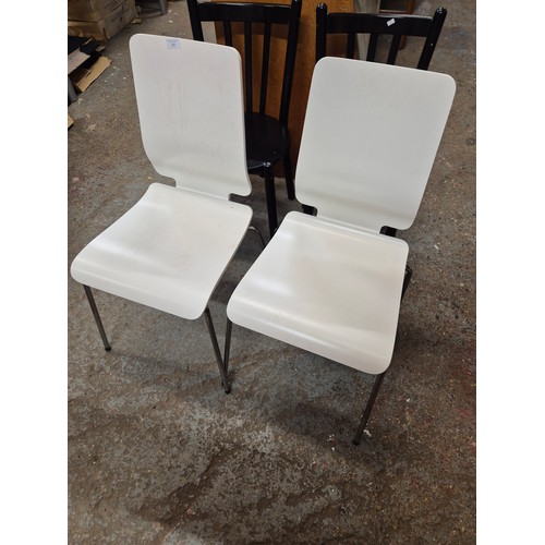 389 - 6 IKEA DINING CHAIRS IN 3 DIFFERENT STYLES 2 WHITE, 2 RED AND 2 BLACK