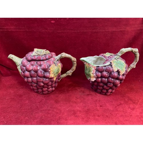 134 - Majolica art pottery 'Bunch of Grapes' teapot and jug - Neuwirth Portugal.