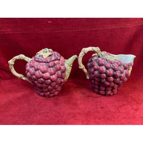 134 - Majolica art pottery 'Bunch of Grapes' teapot and jug - Neuwirth Portugal.