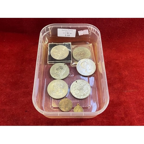 110 - Collection of commemorative coins and medallions, including Queen Vic diamond jubilee, George VI cor... 