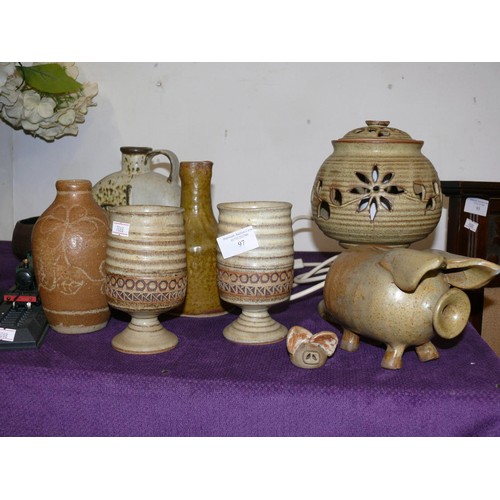 97 - SELECTION OF STUDIO POTTERY INCLUDING GOBLET, LAMP, VASE ETC