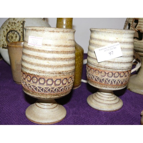 97 - SELECTION OF STUDIO POTTERY INCLUDING GOBLET, LAMP, VASE ETC