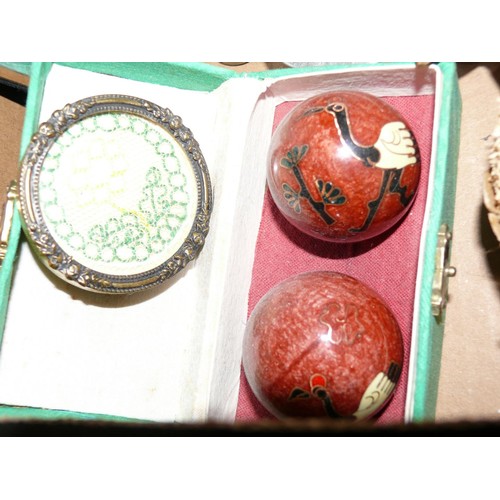 105 - BOX OF MISCELLANEOUS INCLUDING PAIR OF CHINESE BAODING BALLS, VINTAGE TIN CHAMBERSTICK, PAIR OF FRAM... 