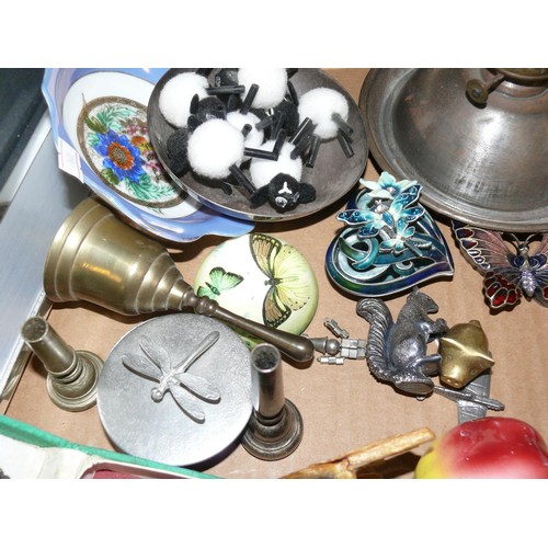 105 - BOX OF MISCELLANEOUS INCLUDING PAIR OF CHINESE BAODING BALLS, VINTAGE TIN CHAMBERSTICK, PAIR OF FRAM... 