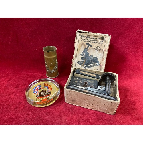 153 - Brass trench art shell case from Ypres, together with a commemorative coronation paperweight for Kin... 