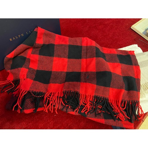 163 - 2x Ralph Lauren scarves. 1x Black and red checked in original box and 1x beige/biscuit coloured with... 