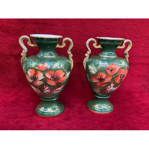 189 - Pair of large Conquest made in England urn shaped vases. Green and gilt with floral decoration, patt... 