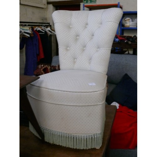 VINTAGE BEDROOM CHAIR WITH BUTTONED BACK AND FRINGE