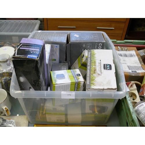 272 - CRATE OF NEW & BOXED OUTDOOR SWITCHES, JUNCTION BOXES, PACK OF 20 LED GU10 BULBS ETC