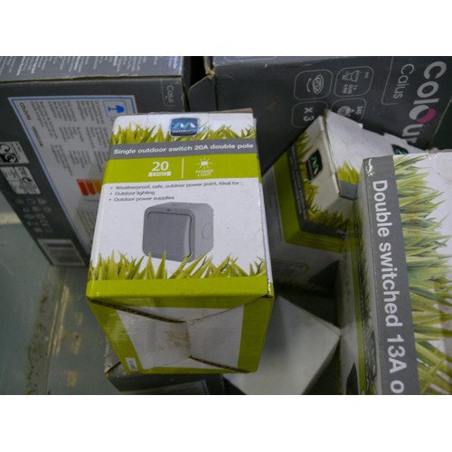 272 - CRATE OF NEW & BOXED OUTDOOR SWITCHES, JUNCTION BOXES, PACK OF 20 LED GU10 BULBS ETC