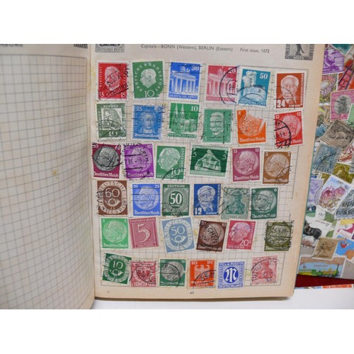 53 - 3 STAMP ALBUMS, FIRST HALF AND MID 20TH CENTURY STAMPS TOGETHER WITH LOOSE STAMPS AND A BAG WITH CIG... 