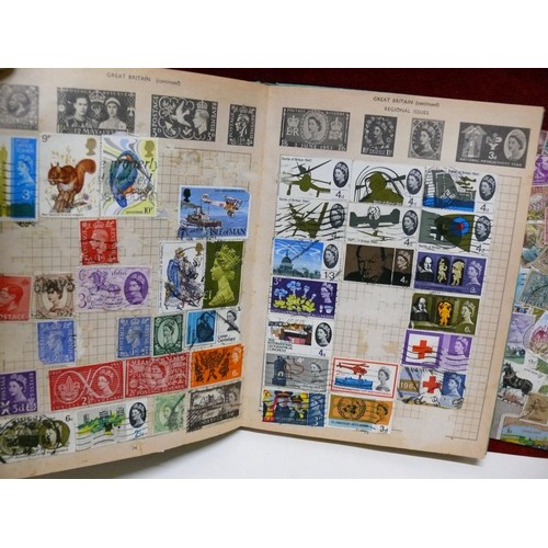 53 - 3 STAMP ALBUMS, FIRST HALF AND MID 20TH CENTURY STAMPS TOGETHER WITH LOOSE STAMPS AND A BAG WITH CIG... 