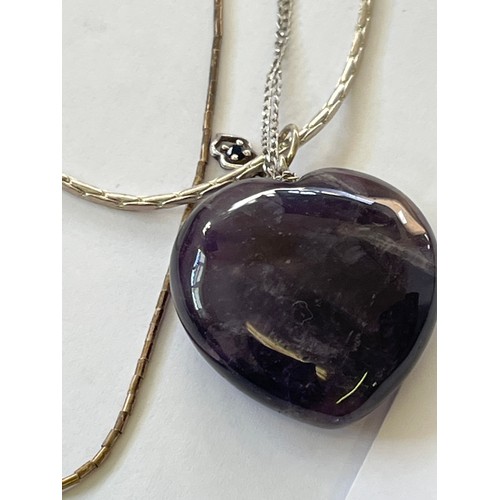 29 - 3 SOLID SILVER CHAINS AND PENDANT HEART SHAPE AMETHYST,  A BLUE OPAL, AND A SAPPHIRE