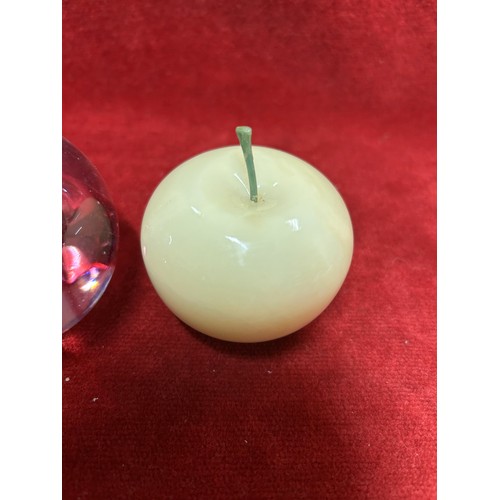 47 - 2 GLASS PAPERWEIGHTS, ONE APPLE AND ONE WITH BUBBLE