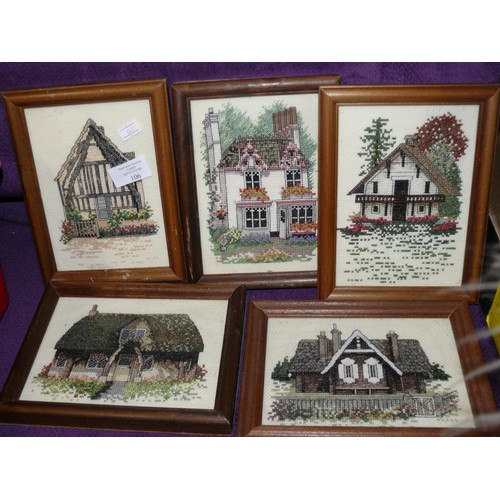 106 - 5 CROSS STITCH PICTURES OF COTTAGES