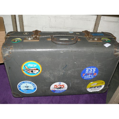 143 - 1950'S EXPANDABLE SUITCASE WITH GOOD FLIGHT LABELS - BOEING 757, AIR HANSON, ROYAL NAVAL SEA HARRIER... 