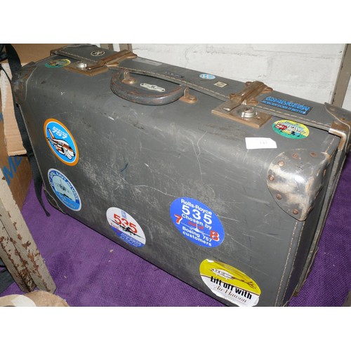 143 - 1950'S EXPANDABLE SUITCASE WITH GOOD FLIGHT LABELS - BOEING 757, AIR HANSON, ROYAL NAVAL SEA HARRIER... 