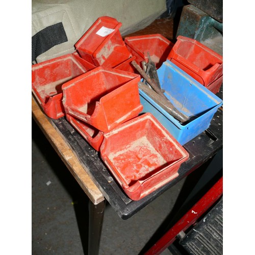 193 - RED PLASTIC SMALL ENGINEERS TRAYS AND A FEW CONTENTS