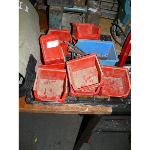 193 - RED PLASTIC SMALL ENGINEERS TRAYS AND A FEW CONTENTS