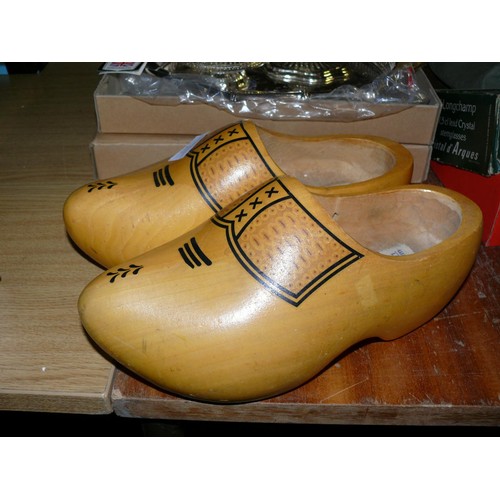 211 - TURNED WOODEN BOWL AND A PAIR OF WOODEN CLOGS