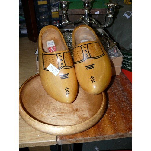 211 - TURNED WOODEN BOWL AND A PAIR OF WOODEN CLOGS