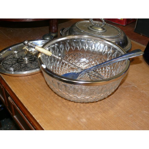 241 - ANTIQUE & VINTAGE SILVER PLATED WARES INCLUDING LIDDED TUREEN, SALAD BOWL, VICTORIAN BREAD FORK WITH... 