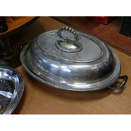 241 - ANTIQUE & VINTAGE SILVER PLATED WARES INCLUDING LIDDED TUREEN, SALAD BOWL, VICTORIAN BREAD FORK WITH... 