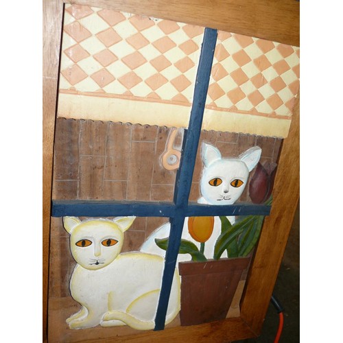 261 - WOODEN PICTURE OF A CAT IN A WINDOW