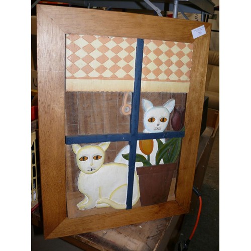 261 - WOODEN PICTURE OF A CAT IN A WINDOW