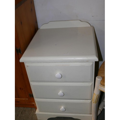 342 - SMALL WHITE 3 DRAWER BEDSIDE & A FRENCH PROVINCIAL STYLE CHAIR WITH RUSH SEAT