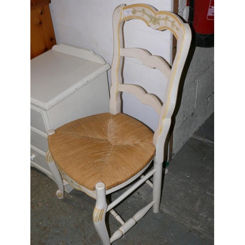 342 - SMALL WHITE 3 DRAWER BEDSIDE & A FRENCH PROVINCIAL STYLE CHAIR WITH RUSH SEAT