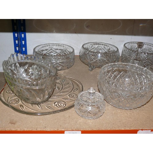 381 - 2 SHELVES OF GOOD QUALITY GLASS INCLUDING CRYSTAL, FRENCH FOOTED BOWL WITH FROSTED LEAF DESIGN ETC