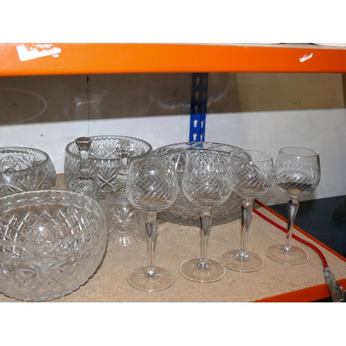 381 - 2 SHELVES OF GOOD QUALITY GLASS INCLUDING CRYSTAL, FRENCH FOOTED BOWL WITH FROSTED LEAF DESIGN ETC