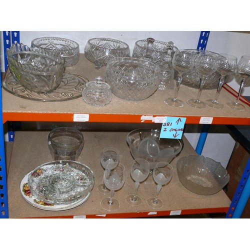 381 - 2 SHELVES OF GOOD QUALITY GLASS INCLUDING CRYSTAL, FRENCH FOOTED BOWL WITH FROSTED LEAF DESIGN ETC