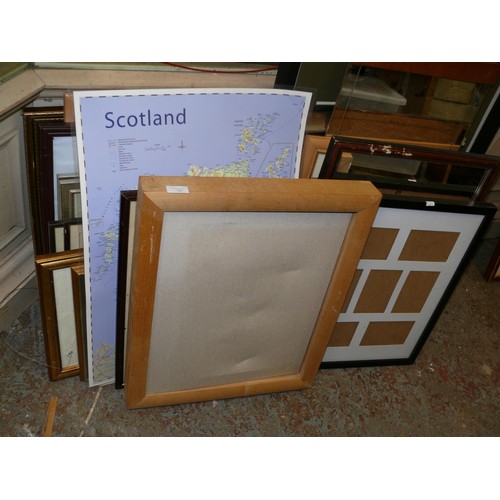 396 - LARGE QUANTITY OF FRAMES, MIRRORS, PRINTS, MAPS. INCLUDES A BLANK CANVAS IN HEAVY PINE FRAME, MAP OF... 