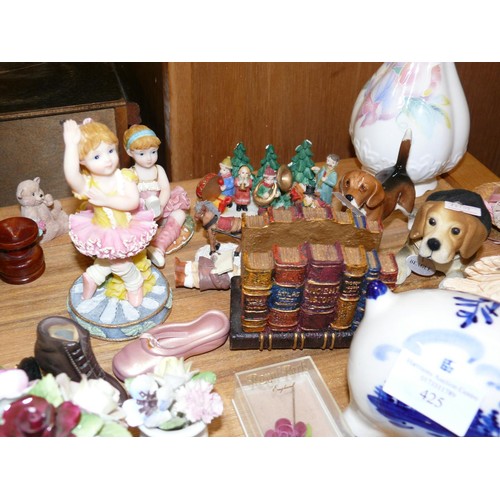 425 - ORNAMENTS AND CHINA INC BESWICK HOUND, JADE ELEPHANT, AYNSLEY VASE, DELFT PIGGY BANK ETC