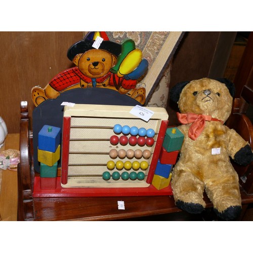 426 - 1950'S TEDDY BEAR WITH GOLD PLUSH AND METAL NOSE AND A WOODEN ABACUS