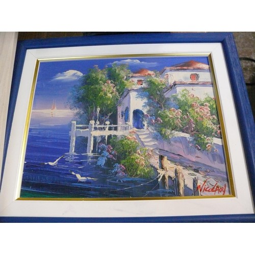 442 - ORIGINAL PAINTING ON BOARD OF A MEDITERRANEAN COASTAL SCENE, FRAMED SHELL PICTURE, 2 SILVER PLATED F... 