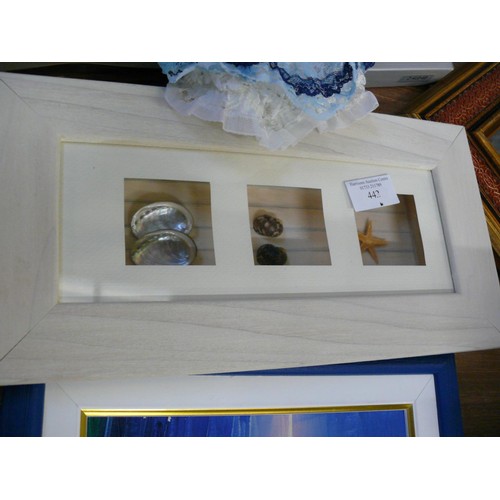 442 - ORIGINAL PAINTING ON BOARD OF A MEDITERRANEAN COASTAL SCENE, FRAMED SHELL PICTURE, 2 SILVER PLATED F... 