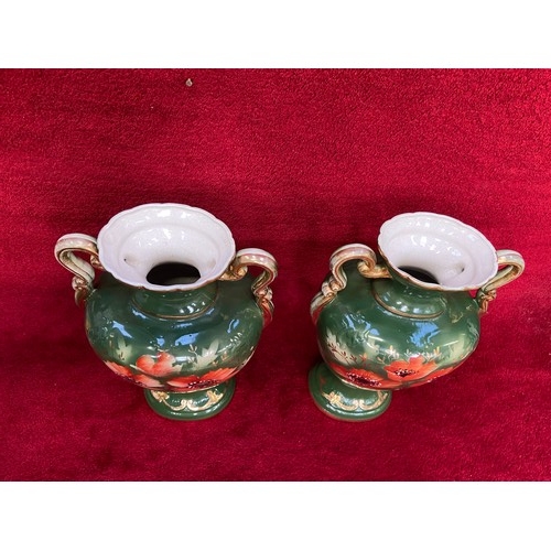 189 - Pair of large Conquest made in England urn shaped vases. Green and gilt with floral decoration, patt... 