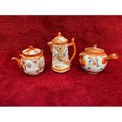 196 - 3x Meiji Japanese Kutani hand painted porcelain tea pots. One lid broken and glued back together.