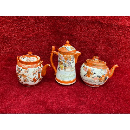 196 - 3x Meiji Japanese Kutani hand painted porcelain tea pots. One lid broken and glued back together.