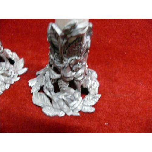 86 - PAIR OF LOVELY CANADIAN PEWTER CANDLESTICKS WITH ROSE DESIGN