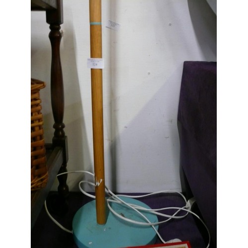 124 - CONTEMPORARY WOOD AND METAL TURQUOISE FLOOR STANDING LAMP, WORKING