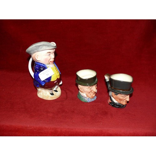 94 - A BURLINGTON WARE TOBY JUG AND 2 ROYAL DOULTON CHARACTER JUGS