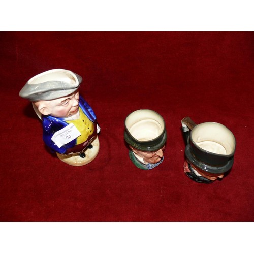 94 - A BURLINGTON WARE TOBY JUG AND 2 ROYAL DOULTON CHARACTER JUGS