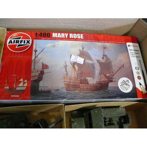 100 - BOX OF DINKY MILITARY VEHICLES PLUS AN AIRFIX MARY ROSE 1/400 SCALE MODEL