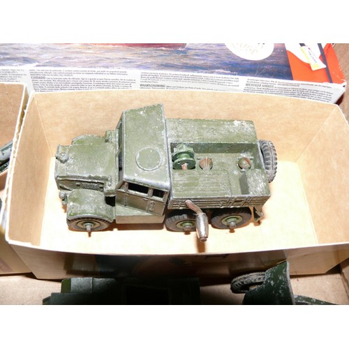 100 - BOX OF DINKY MILITARY VEHICLES PLUS AN AIRFIX MARY ROSE 1/400 SCALE MODEL