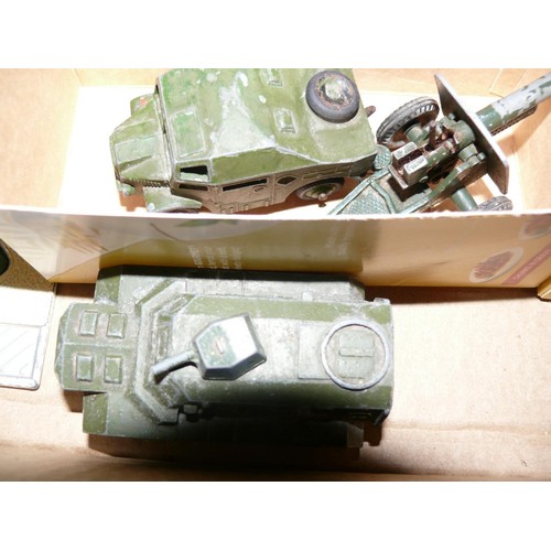 100 - BOX OF DINKY MILITARY VEHICLES PLUS AN AIRFIX MARY ROSE 1/400 SCALE MODEL